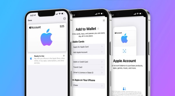 3 telefoner med Apple Wallet på skærmen